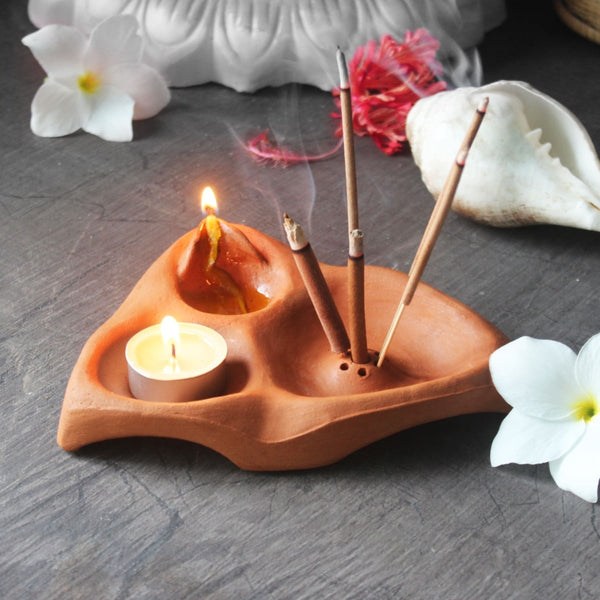 3 In 1 Puja Essential | Terracotta Plain Fire Angle + Complimentary Candles, Cotton Wicks & Agarbatti | Verified Sustainable Pooja Needs on Brown Living™