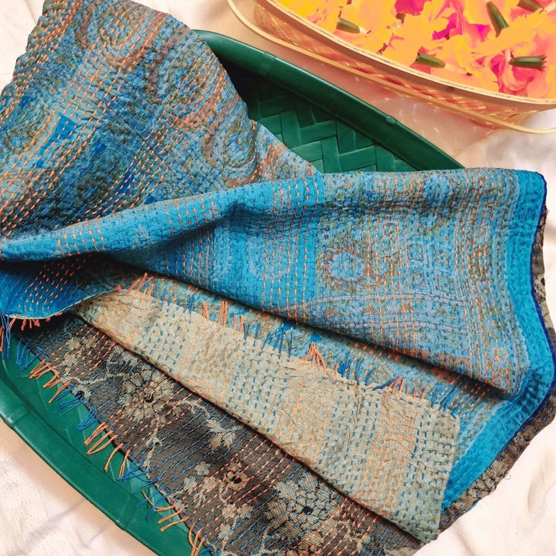 Aasman Kantha Stole - Blue and Green | Verified Sustainable Womens Dupatta on Brown Living™