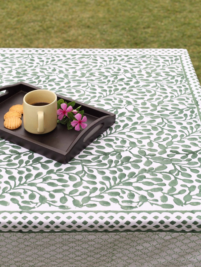 Abstract Leaf Green and White Table Cover | Verified Sustainable Table Linens on Brown Living™