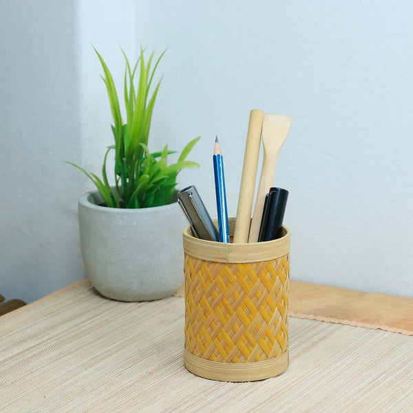 Bamboo Weave Pen Stand - Checks | Verified Sustainable Desk Accessories on Brown Living™