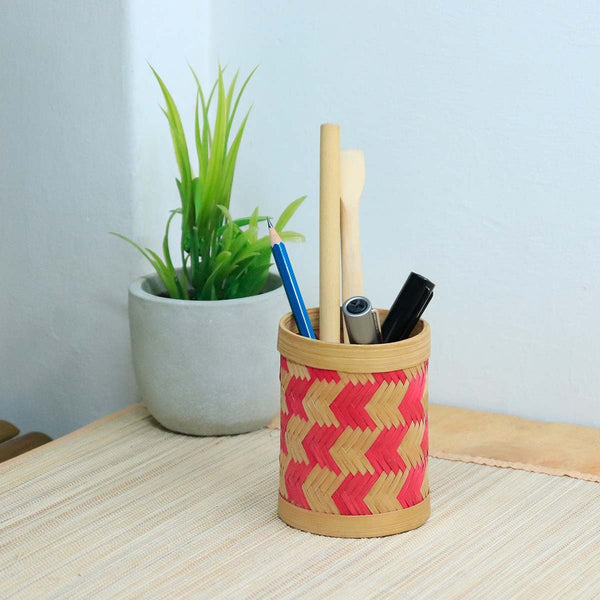 Bamboo Weave Pen Stand - Pink | Verified Sustainable Desk Accessories on Brown Living™