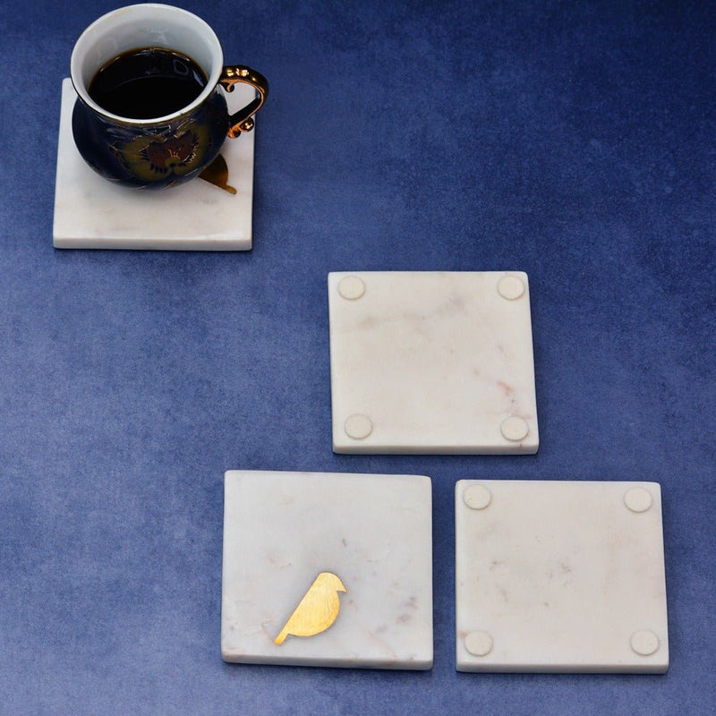 Birdie Brass Marble Inlay Coasters (Set of 4) | Verified Sustainable Coasters on Brown Living™