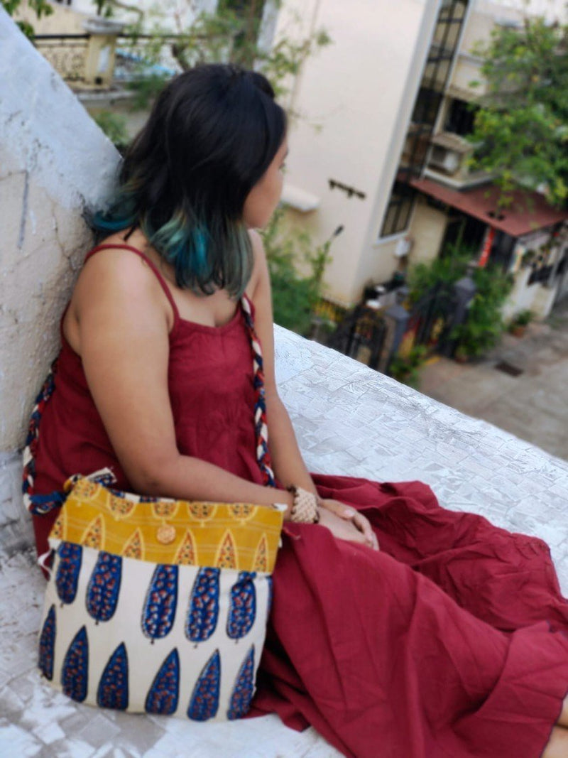 Blue & Off - white Hand Block Printed Braided Ethnic Sling Bags | Verified Sustainable Tote Bag on Brown Living™