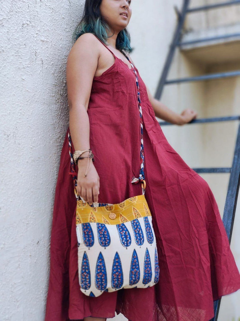 Blue & Off - white Hand Block Printed Braided Ethnic Sling Bags | Verified Sustainable Tote Bag on Brown Living™