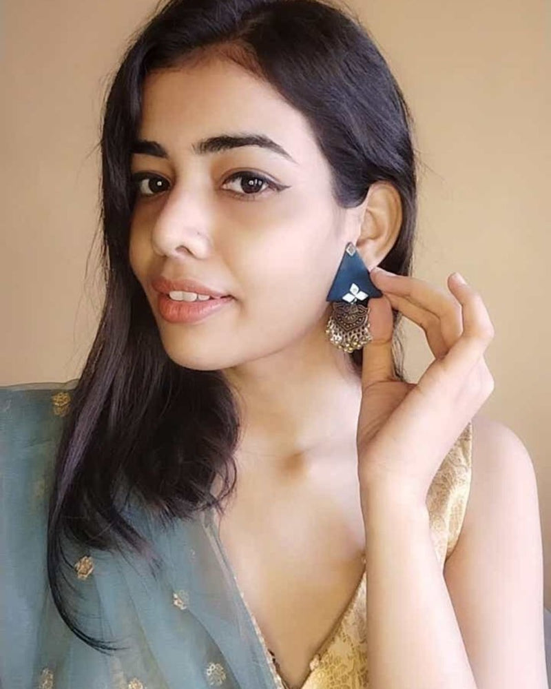 Blue Triangular Jhumka Earrings with Silver Charm | Verified Sustainable Womens earrings on Brown Living™