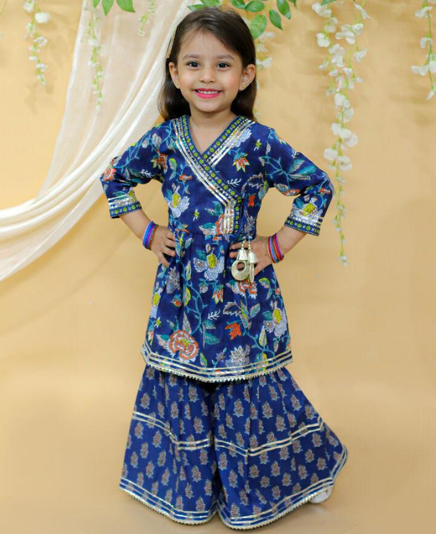 Girls Pure Cotton Jaipur Block Printed Festive Suit Sets - Blue