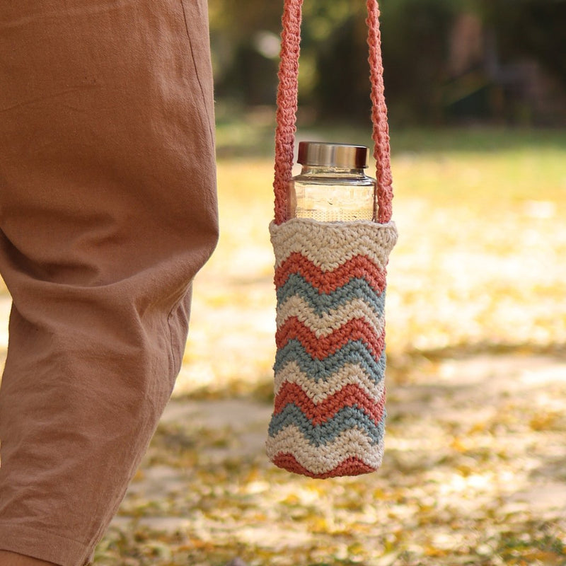 Chevron Peach Handmade Crochet Sling Bottle Cover | Verified Sustainable Bottles & Sippers on Brown Living™