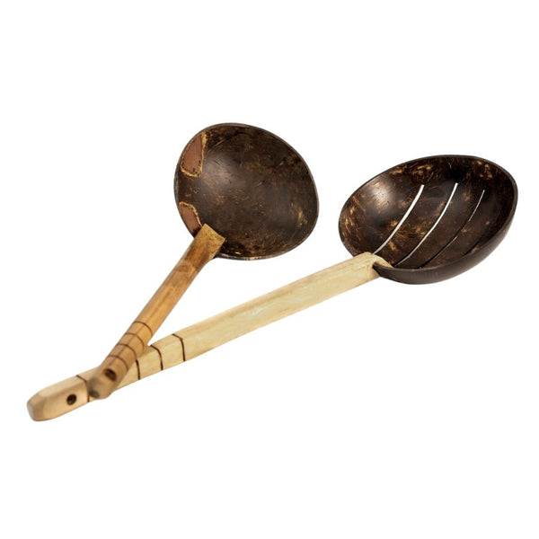 Coconut Shell Frying Spoon & Non Stick Wooden Ladles (Set of 2) | Verified Sustainable Cutlery on Brown Living™