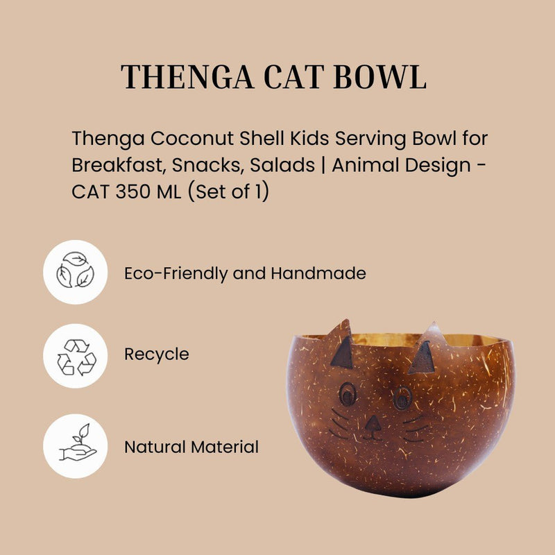 Coconut Shell Kids Serving Bowl | Animal Design - CAT 350ml (Set of 1) | Verified Sustainable Plates & Bowls on Brown Living™