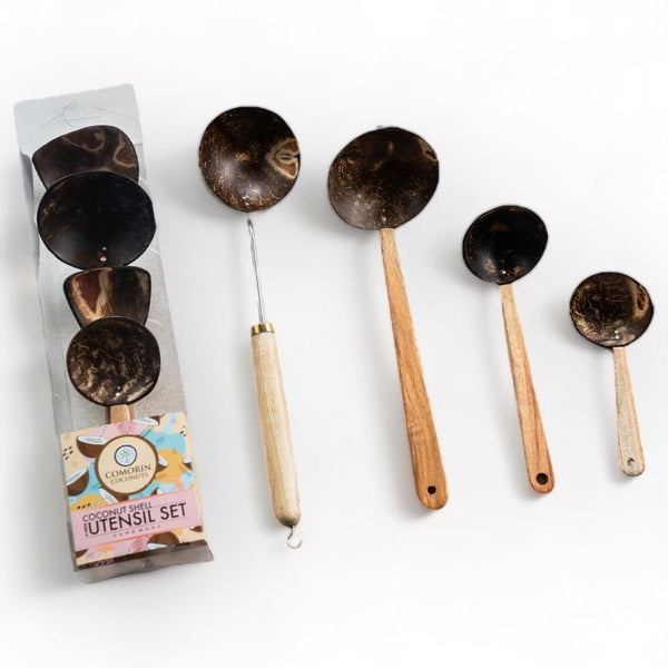 Coconut Shell Ladles with Steel and Wood Handles (Set of 4) | Verified Sustainable Cookware on Brown Living™