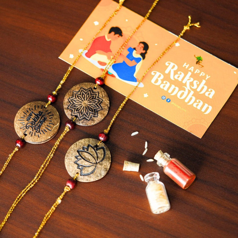 Coconut Shell Rakhi Sets - Rough (Package includes 3 Rakhis, Kumkum, Rice Grains & Raksha Bandhan Card) - Set of 3 | Verified Sustainable Rakhi on Brown Living™