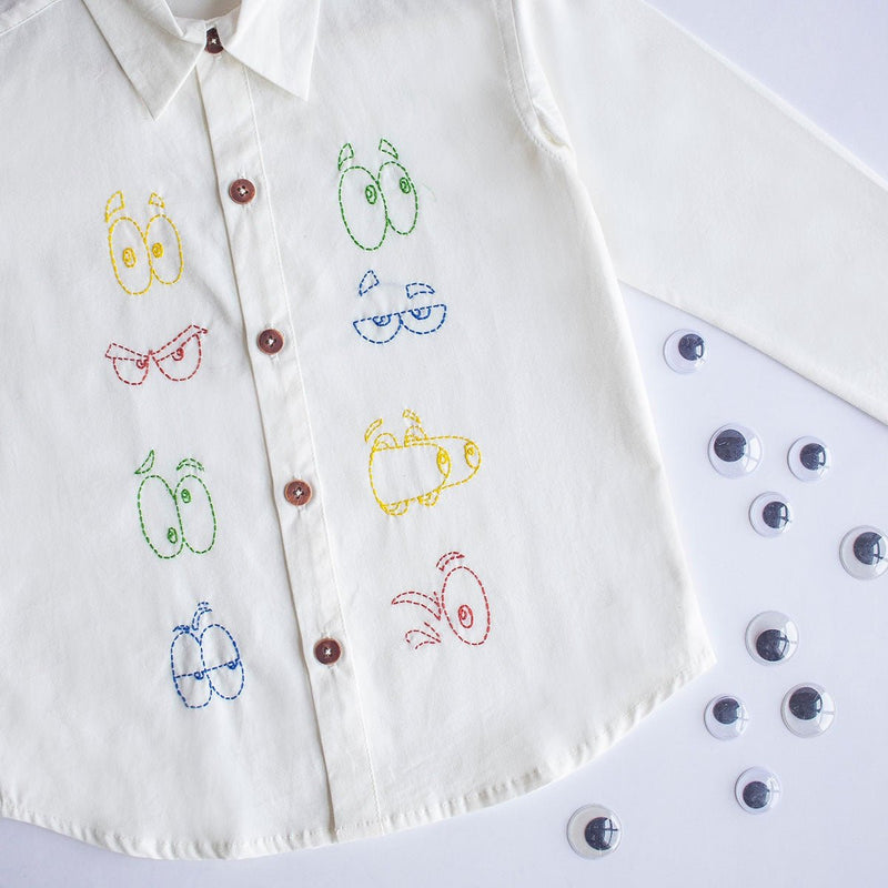 Colourful Emoji Eyes Embroidered Cotton Unisex Shirt- White | Verified Sustainable Kids Shirts on Brown Living™