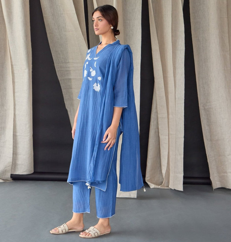 Crinkle Applique Tencel Kurta (Set of 2) - Cobalt Blue | Verified Sustainable Womens Kurta on Brown Living™