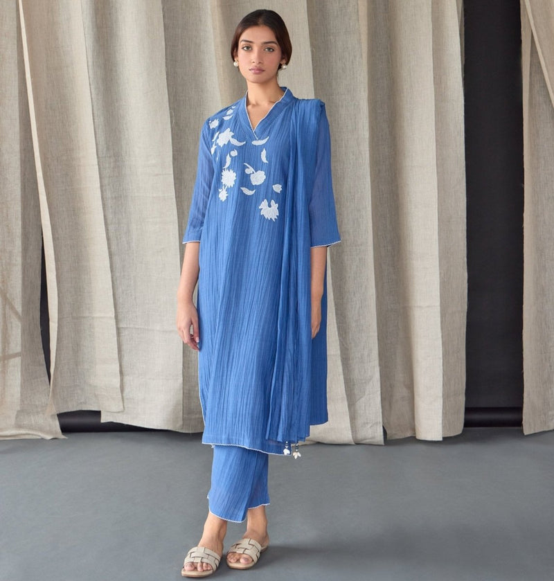 Crinkle Applique Tencel Kurta (Set of 2) - Cobalt Blue | Verified Sustainable Womens Kurta on Brown Living™