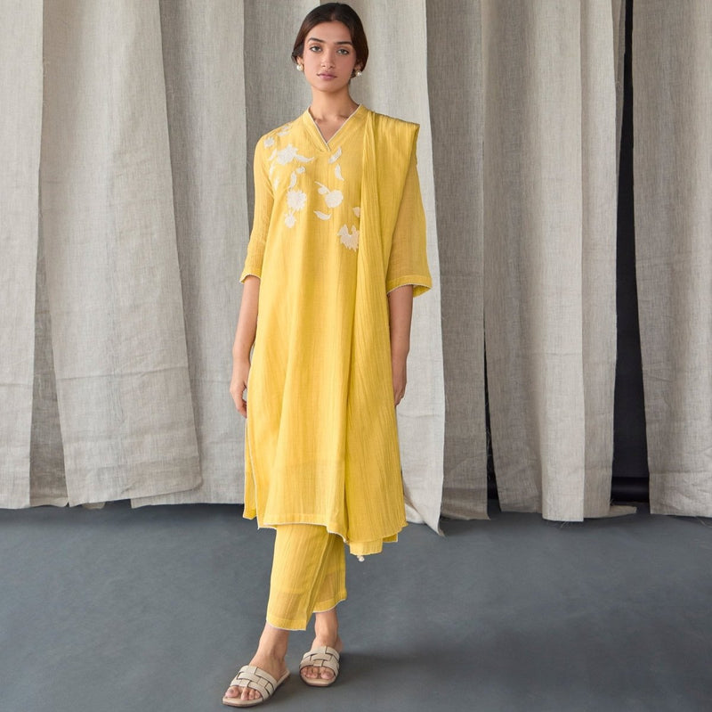 Crinkle Applique Tencel Kurta (Set of 2) - Yellow | Verified Sustainable Womens Kurta on Brown Living™