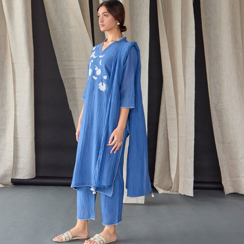 Crinkle Applique Tencel Kurta (Set of 3) - Cobalt Blue | Verified Sustainable Womens Kurta on Brown Living™