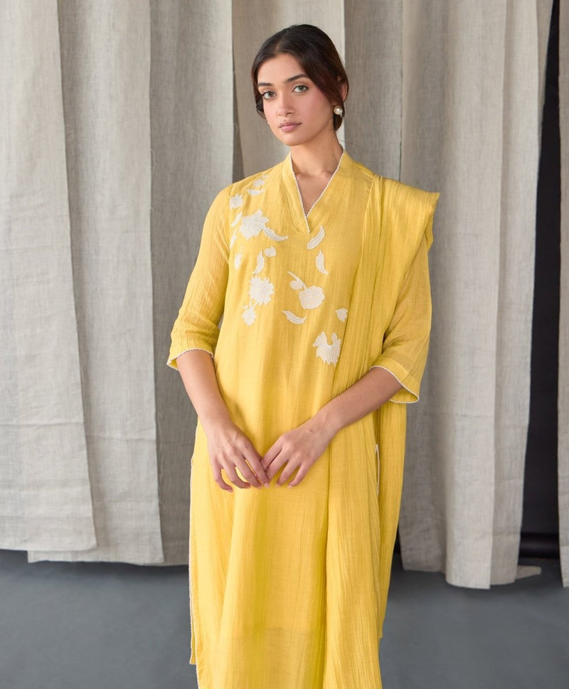 Crinkle Applique Tencel Kurta (Set of 3) - Yellow | Verified Sustainable Womens Kurta on Brown Living™