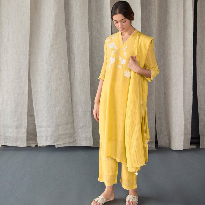 Crinkle Applique Tencel Kurta (Set of 3) - Yellow | Verified Sustainable Womens Kurta on Brown Living™