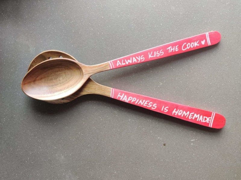 Diwali Special Handwritten Pink Cooking Spoon - Wooden Set of 2