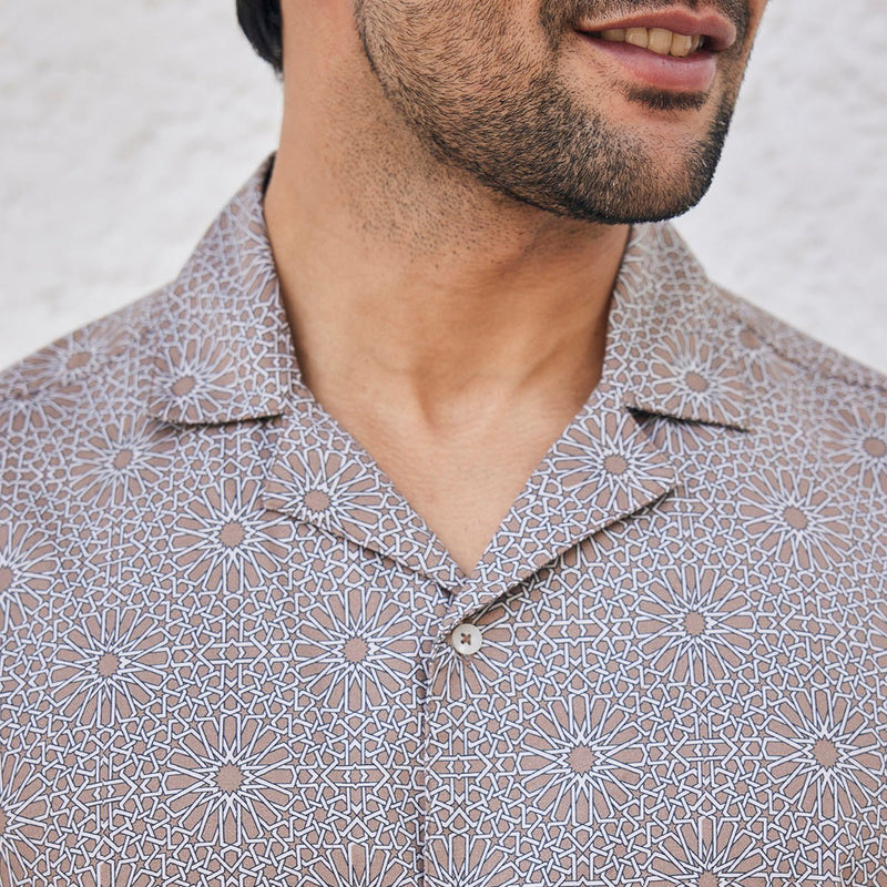 Doran - Brown Printed Cuban Collar Half Sleeves Shirt | Verified Sustainable Mens Shirt on Brown Living™