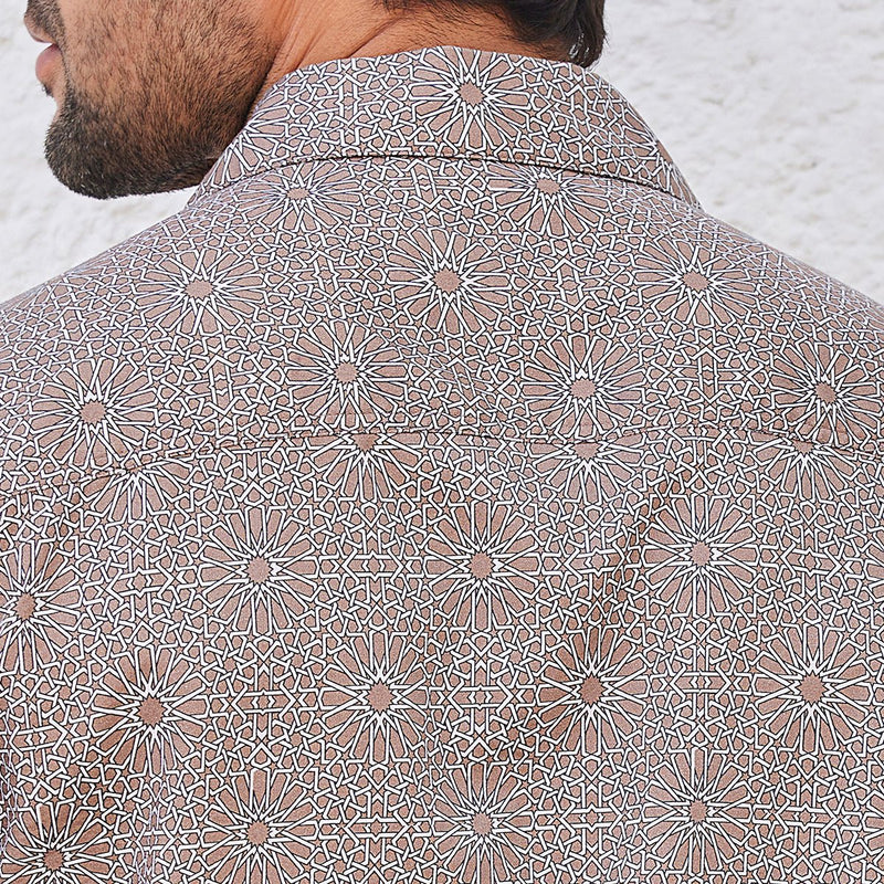 Doran - Brown Printed Cuban Collar Half Sleeves Shirt | Verified Sustainable Mens Shirt on Brown Living™