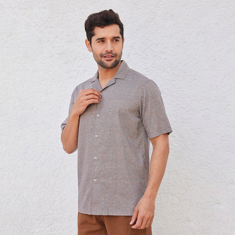 Doran - Brown Printed Cuban Collar Half Sleeves Shirt | Verified Sustainable Mens Shirt on Brown Living™