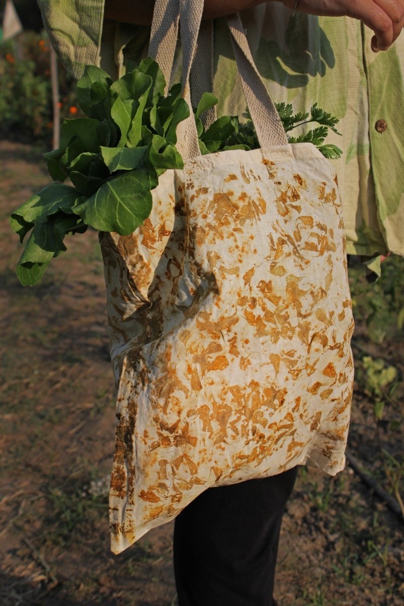 Eco Printed Packaging Bag - Mustard, White | Verified Sustainable Tote Bag on Brown Living™