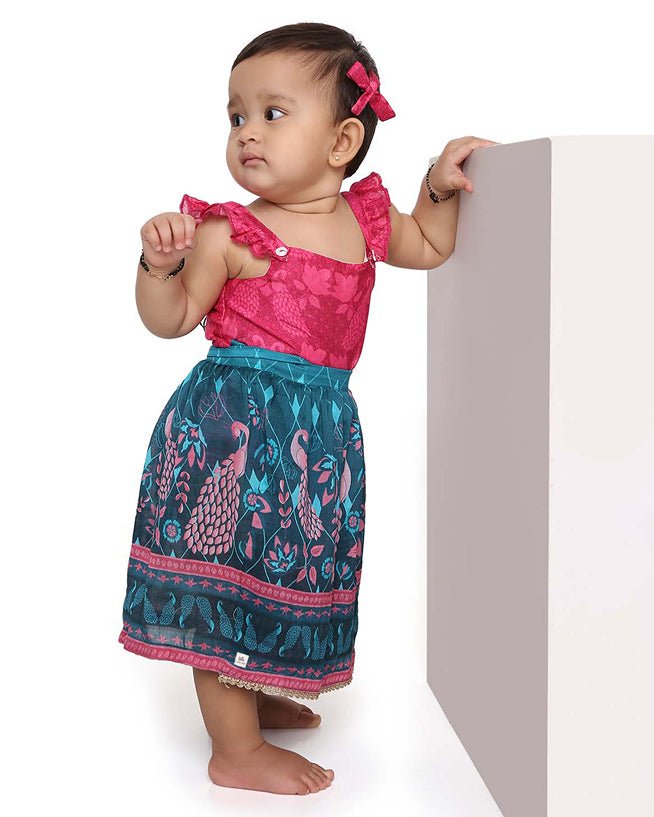 Firoza - Chanderi Peacock Printed Infant Onesie with Detachable Lehenga Skirt and Matching Clips | Verified Sustainable Kids Ethnic Sets on Brown Living™