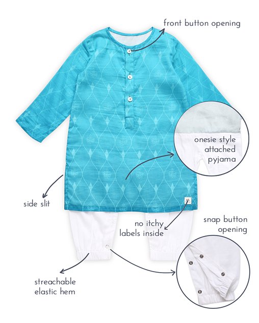 Firoza - Chanderi Printed Infant Kurta with Attached Pyjama (Onesie) | Verified Sustainable Kids Ethnic Sets on Brown Living™