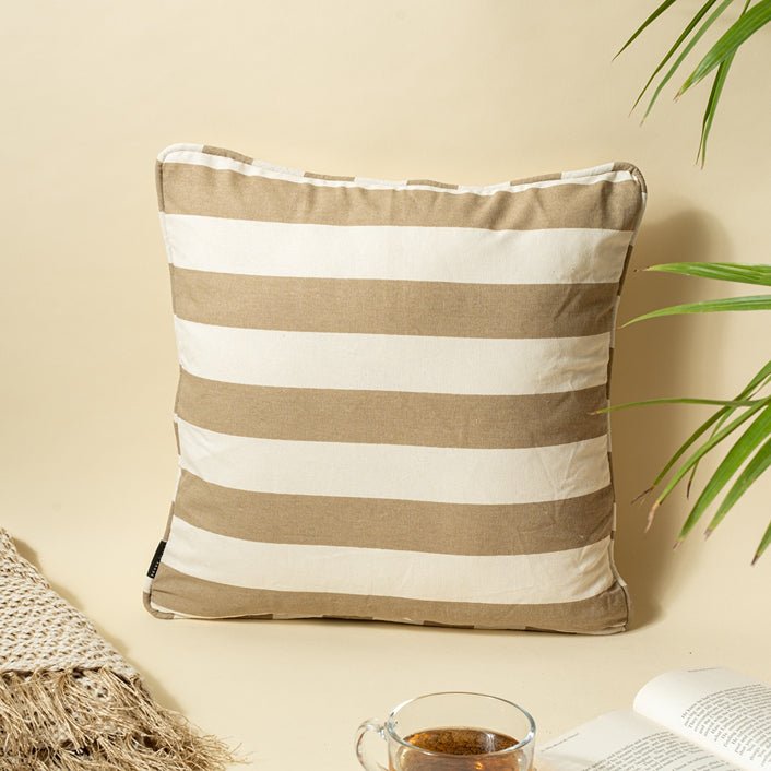 French Stripe Printed 100% Cotton Cushion Cover - Beige | Verified Sustainable Covers & Inserts on Brown Living™