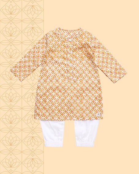 Genda - Handblock Printed Infant Kurta with Attached Pyjama (Onesie) | Verified Sustainable Kids Ethnic Sets on Brown Living™