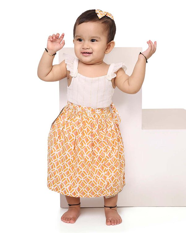 Genda - Infant Onesie with Detachable Lehenga Skirt and Matching Clips | Verified Sustainable Kids Ethnic Sets on Brown Living™