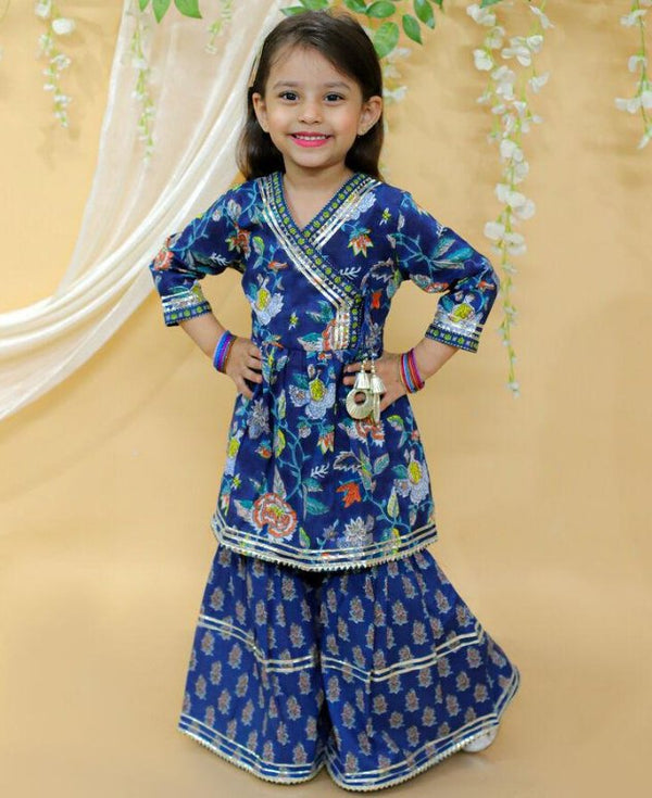 Girls Pure Cotton Jaipur Block Printed Festive Suit Sets - Blue | Verified Sustainable Kids Ethnic Sets on Brown Living™