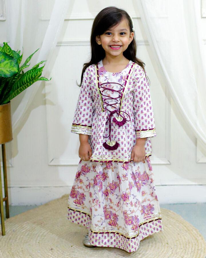 Girls Pure Cotton Jaipur Block Printed Festive Suit Sets - Purple | Verified Sustainable Kids Ethnic Sets on Brown Living™