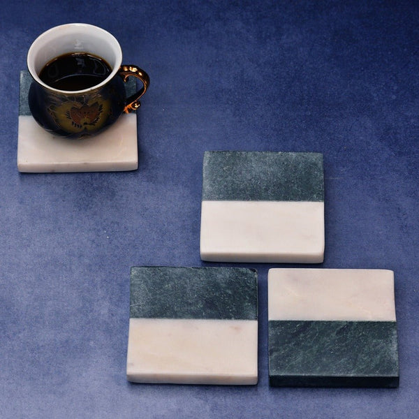 Green White Indian Square Marble Coasters (Set of 4) | Verified Sustainable Coasters on Brown Living™