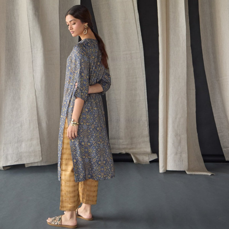 Grey Ajrakh Tencel Kurta | Verified Sustainable Womens Kurta on Brown Living™