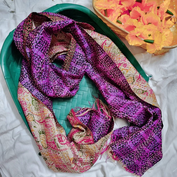 Gulabri Kantha Stole - Pink and Cream | Verified Sustainable Womens Dupatta on Brown Living™