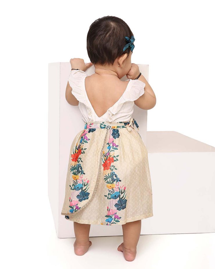 Gulzar - Chanderi Floral Printed Infant Onesie with Detachable Lehenga Skirt and Matching Clips | Verified Sustainable Kids Ethnic Sets on Brown Living™