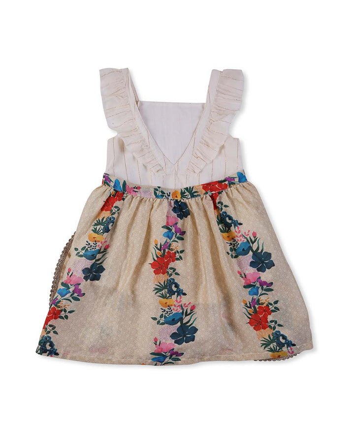 Gulzar - Chanderi Floral Printed Infant Onesie with Detachable Lehenga Skirt and Matching Clips | Verified Sustainable Kids Ethnic Sets on Brown Living™