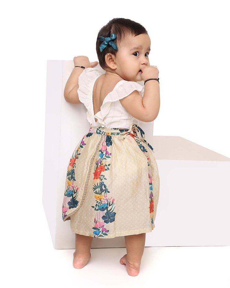 Gulzar - Chanderi Floral Printed Infant Onesie with Detachable Lehenga Skirt and Matching Clips | Verified Sustainable Kids Ethnic Sets on Brown Living™