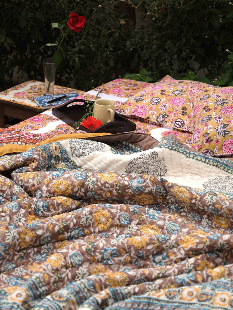 Hand-Printed Organic Cotton Quilt: Ethnic Floral Luxury | Verified Sustainable Bed Linens on Brown Living™