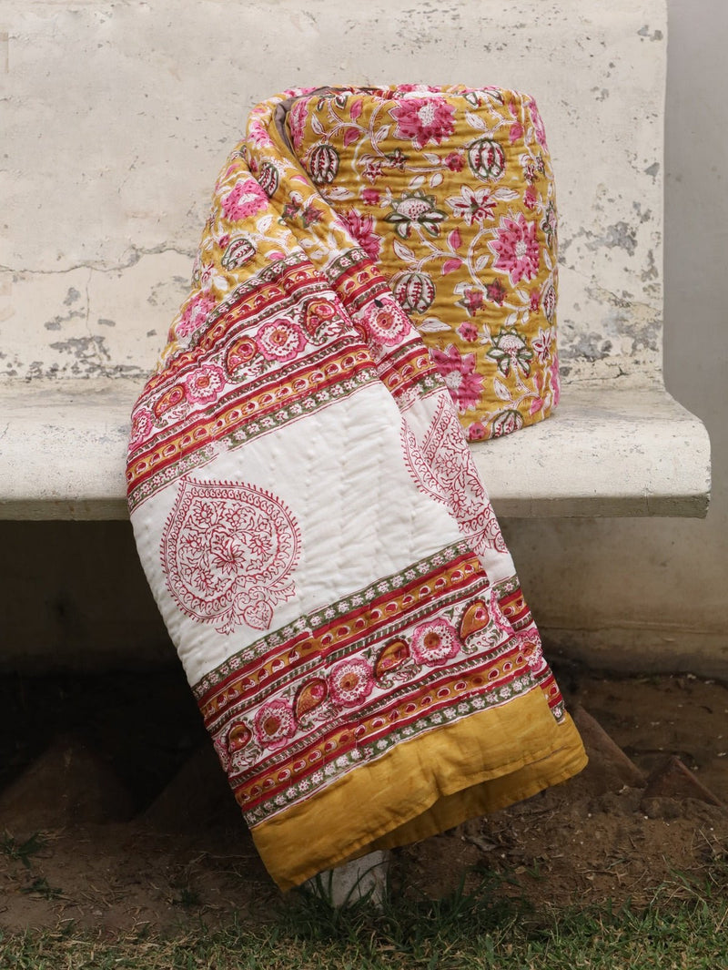 Hand-Printed Organic Cotton Quilt: Ethnic Floral Luxury | Verified Sustainable Bed Linens on Brown Living™