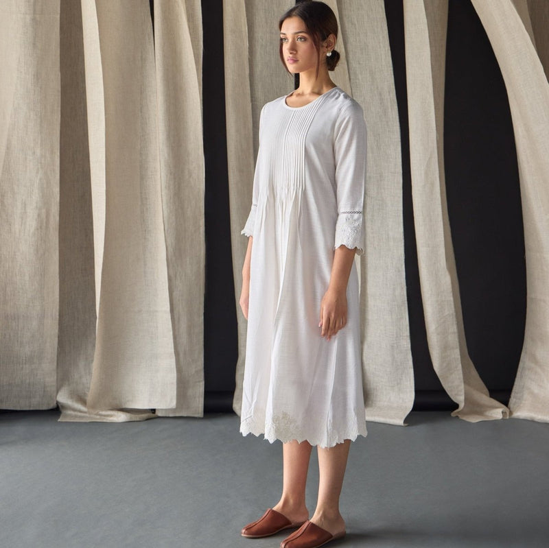 Hand Scalloped & Tonal Embroidered Dress - White | Verified Sustainable Womens Dress on Brown Living™