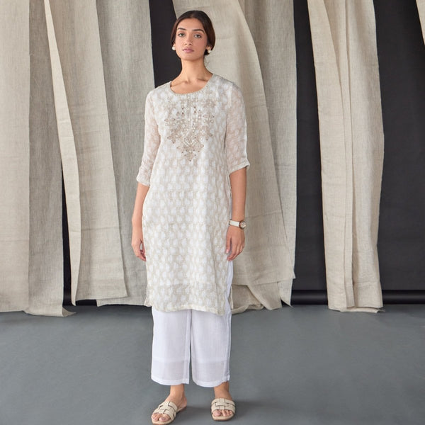 Handblock Off White Pure Linen Kurta | Verified Sustainable Womens Kurta on Brown Living™