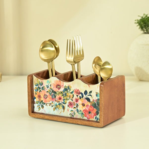 Handcrafted Pastel Flora Cutlery Holder | Made with Mango Wood | Verified Sustainable Kitchen Organizers on Brown Living™