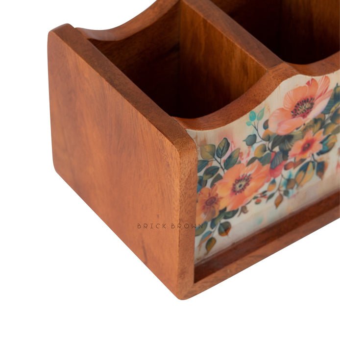 Handcrafted Pastel Flora Cutlery Holder | Made with Mango Wood | Verified Sustainable Kitchen Organizers on Brown Living™