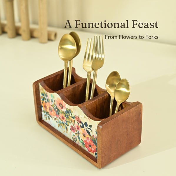 Handcrafted Pastel Flora Cutlery Holder | Made with Mango Wood | Verified Sustainable Kitchen Organizers on Brown Living™