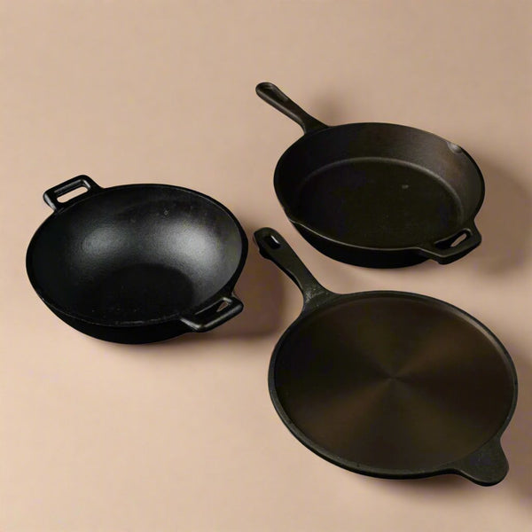 Handmade Cast Iron Combo (Kadai + Roti/ Dosa Tawa + Skillet) | Verified Sustainable Cookware on Brown Living™