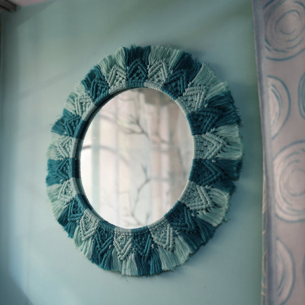 Handmade Macrame Aqua- Teal Mirror | Verified Sustainable Wall Decor on Brown Living™