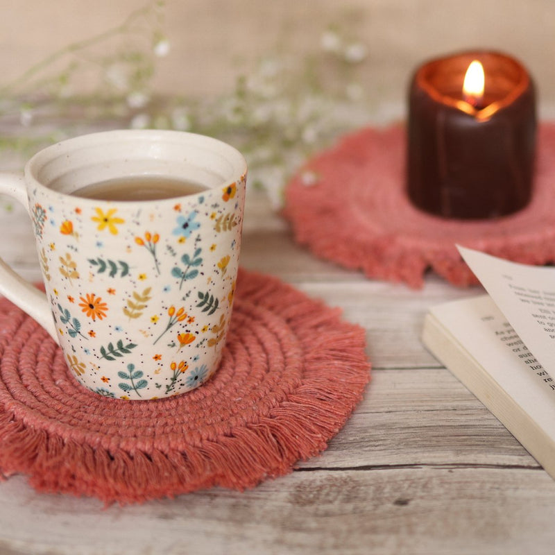 Handmade Macrame Peach Table Coasters - Set of 2 | Verified Sustainable Coasters on Brown Living™